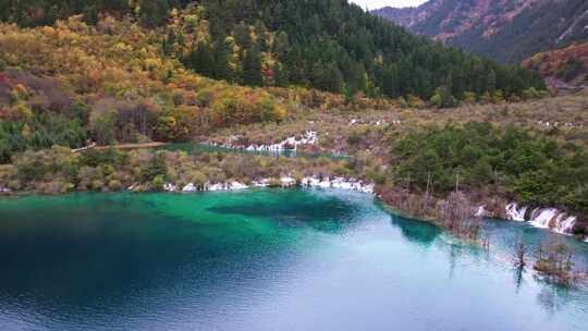 航拍九寨沟树正群海双龙海瀑布彩林钙华彩池