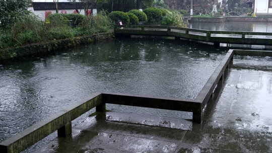 雨中的池塘及周边景观