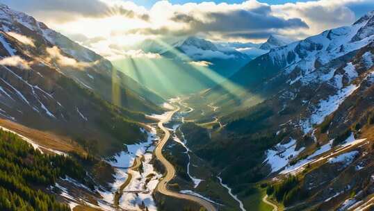 雪山山谷间蜿蜒公路风景