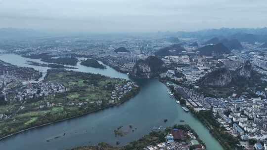 航拍广西省桂林市漓江两岸城市天际线