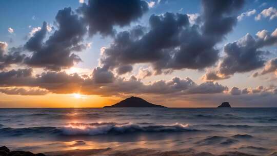 海上日落远景与岛屿景观