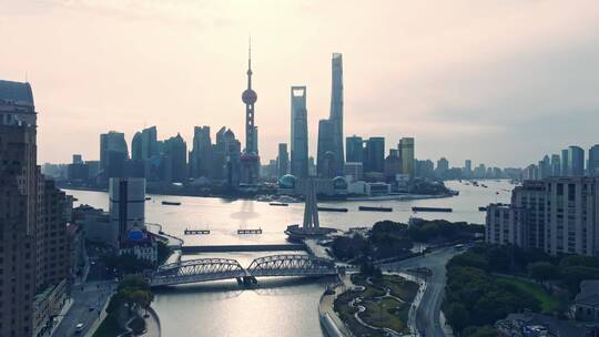 上海苏州河清晨航拍风光
