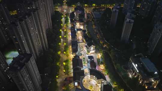 上海嘉定新城西云楼商业街夜晚航拍视频素材模板下载