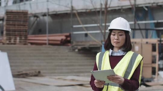 女建筑师拿着平板电脑