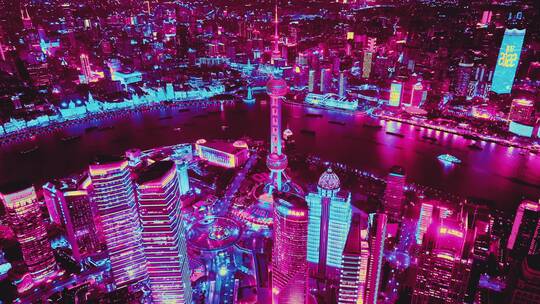上海赛博朋克城市夜景航拍