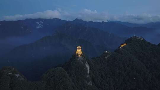 航拍秦岭山南五台寺庙日落夜景灯光