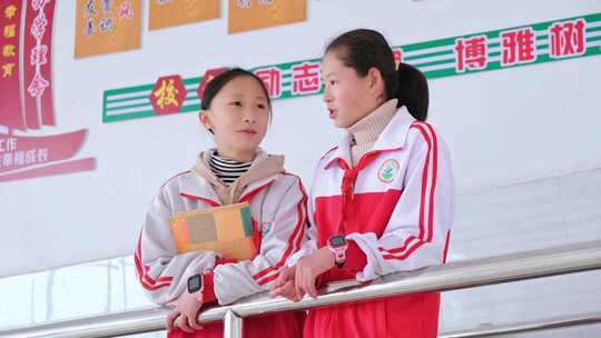 两位女学生在过道唱歌聊天