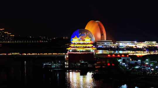 广州珠海日月贝大剧院情侣路海滩夜景航拍