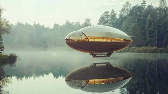 森林湖泊边悬浮建筑景观