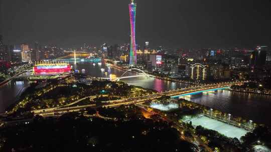 广州夜晚夜景航拍延时市区城市风景风光广东