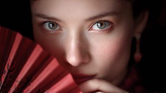 东方古典美人的神秘凝视与红色扇面