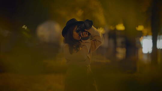 一位女艺术家摄影师带着她的相机在夜晚导航