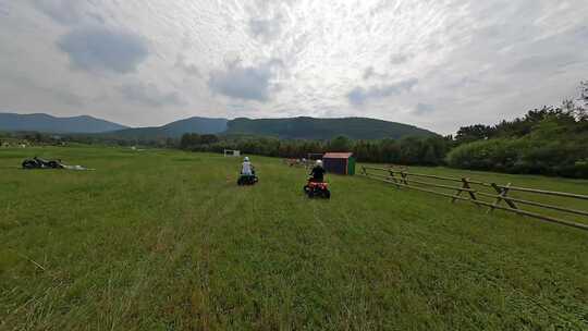 穿越机航拍乐园草坪骑马射箭山地越野车露营