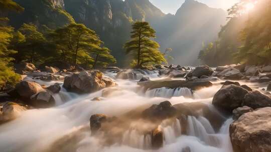 山间溪流与树林阳光景象