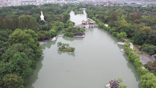 航拍扬州瘦西湖江南园林五亭桥特写