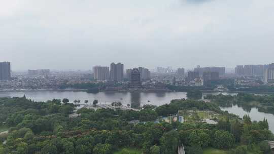 航拍四川眉山东坡湿地公园远景楼