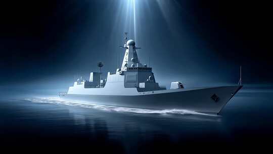 现代军舰乘风破浪航行远海