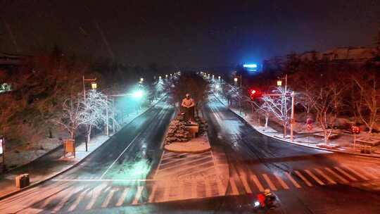 航拍鉴真路扬州雪景夜景鉴真像飘雪