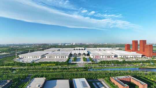 航拍天津国家会展中心蓝天白云