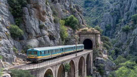 山间铁路火车驶出隧道场景