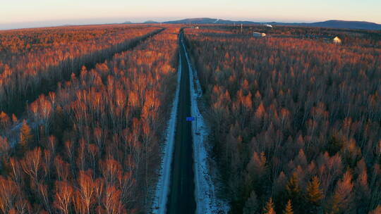 吉林长白山冬季林间公路航拍风景