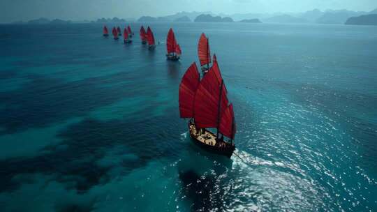 乘风破浪扬帆起航海鸥帆船航行海浪