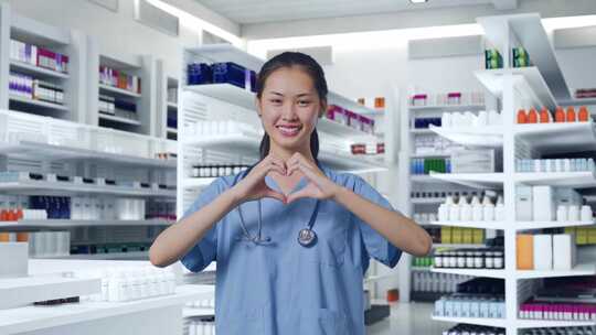 亚洲女医生与听诊器做心脏手势和微笑在药房