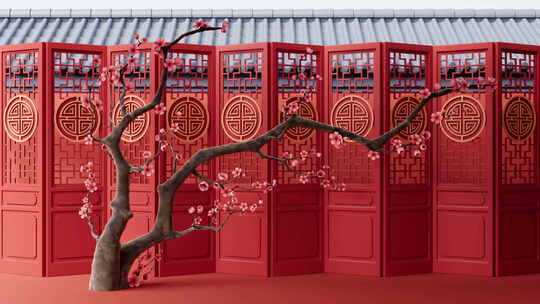 中国风古风屏风背景3D渲染