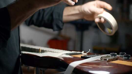 Luthier在他的店里打磨品之前用遮蔽胶带覆盖吉他体