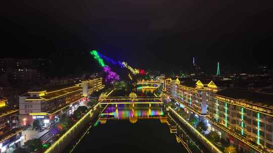 湖南怀化通道侗族风雨桥夜景航拍