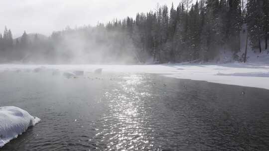 冬季喀纳斯晨雾雪蘑菇雾凇冰河野鸭雪山森林