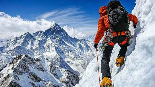 登山者攀登雪山背影