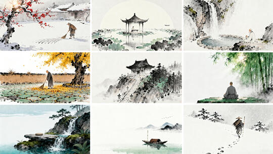 水墨中国风禅意山水 古风人物写意水墨画