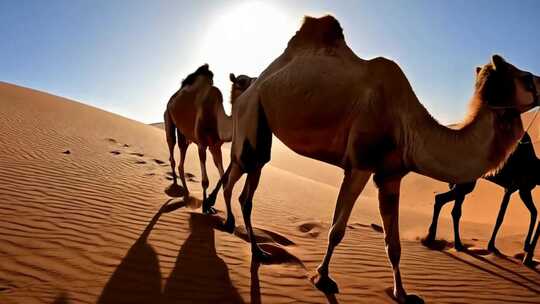 沙漠中行走的骆驼群