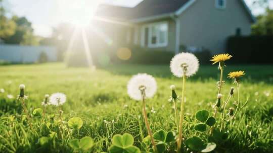阳光下草地蒲公英风景