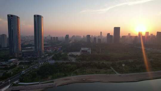 山东日照城市夕阳晚霞日落航拍