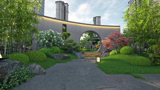 新中式园林景观石子路三维动画