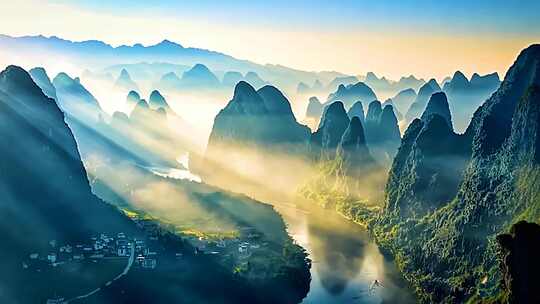 中国风山水云雾桂林山水云海日出天空风景