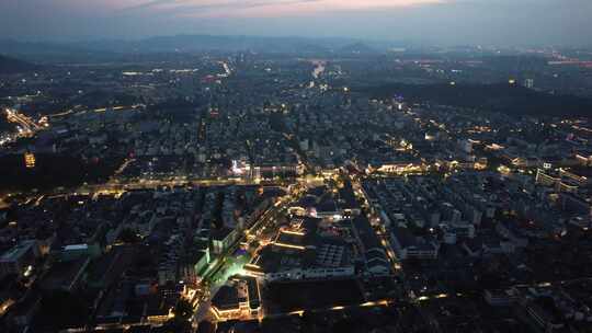 浙江绍兴城市夜幕降临夜景晚霞航拍