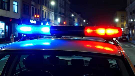 夜晚街道上闪烁警灯的警车