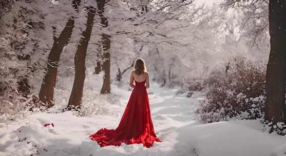 下雪天一名穿红色裙子的女人在雪地里
