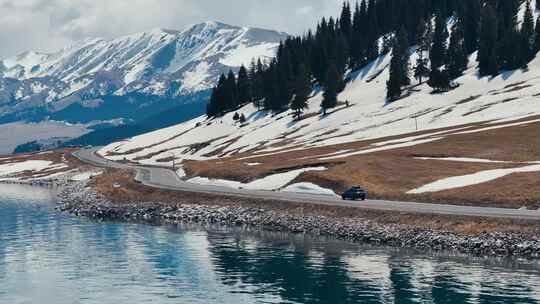 航拍雪山森林湖泊大自然风景