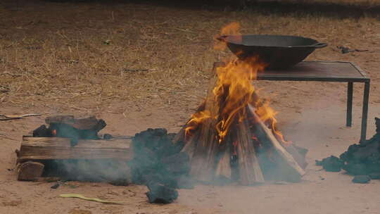 燃烧的木头：火舌和余烬烟雾的慢动作视频。视频素材模板下载