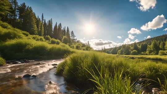 阳光照耀下的溪边森林风景