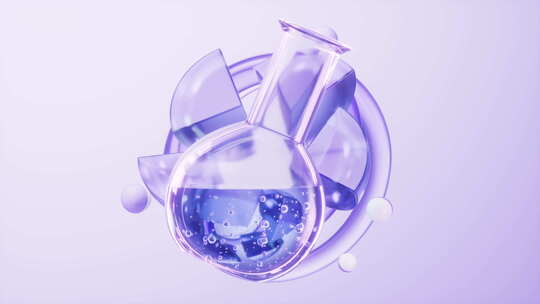 烧瓶与紫色透明玻璃背景三维渲染