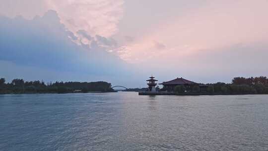 航拍上海浦江之首旅游景区日落风光