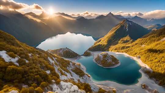 高山湖泊日出全景