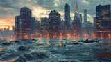 城市危机：汹涌海浪侵袭繁华都市末日景象高清在线视频素材下载