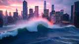 城市危机：汹涌海浪侵袭繁华都市末日景象高清在线视频素材下载