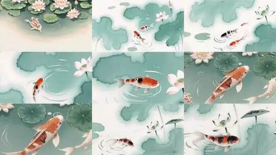 中国风水墨画荷花锦鲤背景高清在线视频素材下载